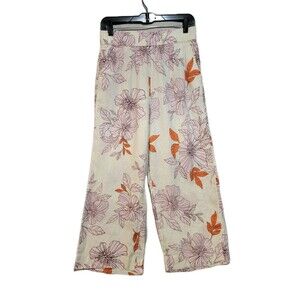 Rachel Roy Linen Pants Womens Small Tan Floral Print High-Rise Wide-Leg Tropical
